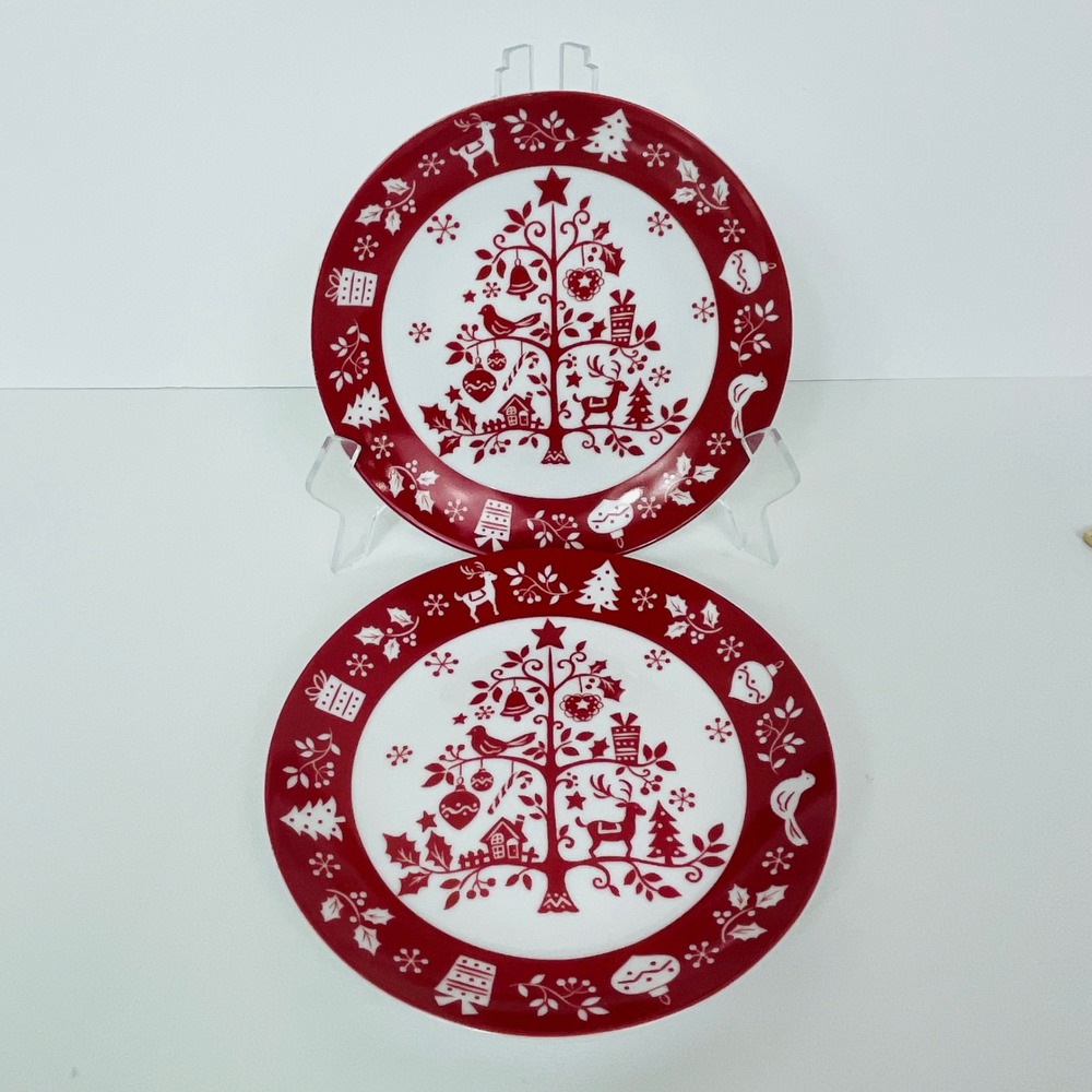 222 Fifth Plates Set of 2 Tivoli Red White Christmas Tree Folk Art China Excell